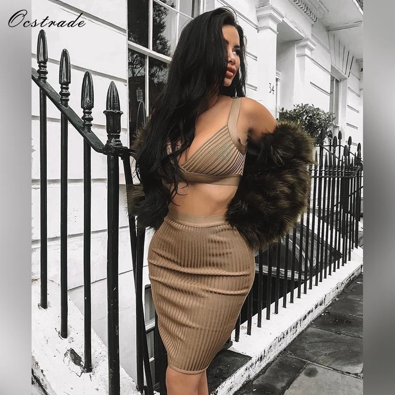 

2 Piece Bandage Set New Summer 2019 Sexy Club 2 Piece Bandage Dress Outfits Women Striped Two Piece Bandage Dress