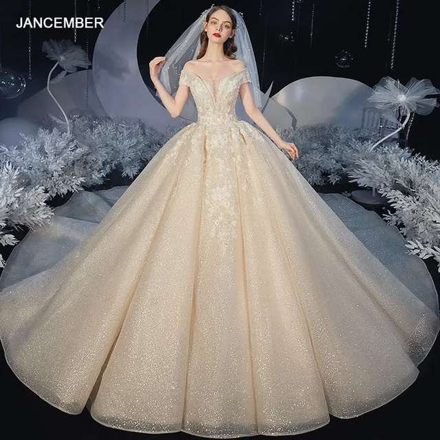 HLF07 Luxury Wedding Dress Lace Illusion Long Trai Off Shoulder Vestido De Noiva Bridal Gown платье свадебное короткое 1