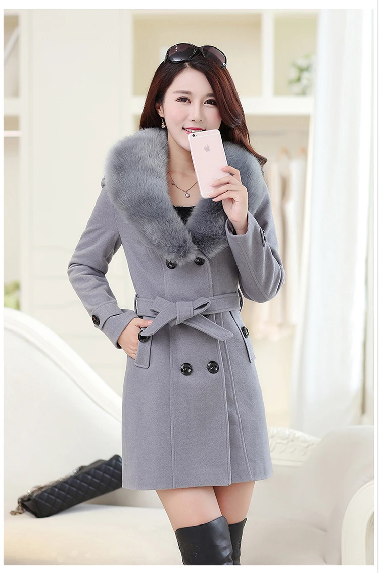 Новое шерстяное пальто модное зимнее с меховым воротником теплое шерстяное пальто размера плюс длинное женское тонкое однотонное пальто для женщин высокое качество