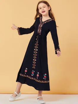 

Muslim Girl Navy Color Embroidery Long Dress Princess Long Sleeve Dresses 8 10 12 years