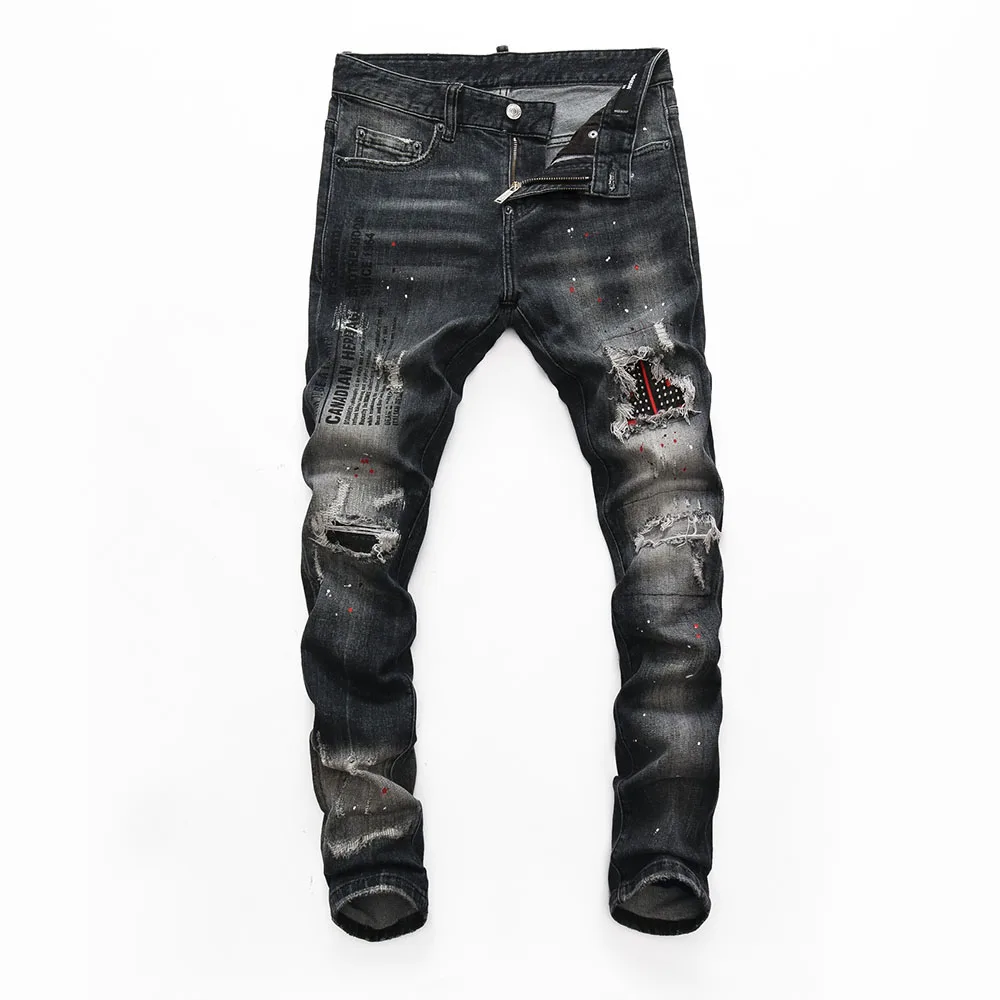 dsq brand European Style mens slim elastic jeans Men Elastic denim trousers zipper Patchwork Slim black hole for men 8235 | Мужская
