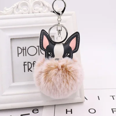 Fluffy Rabbit Fur Ball French Bulldog Keychain Pompom Key Chain Pu Leather Animal Dog Keyring Holder Bag Charm Trinket Chaveiros - Color: YS-10