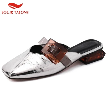 

JOUIR TALONS In Stock Summer Slipper Sandals Genuine Leather Chunky Heels Skin Mules Woman Shoes Women Pumps