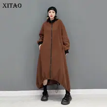 XITAO Irregular Large Size Trench Fashion Ink and Wash Print Women Autumn Winter New Loose Draw String All-match Coat GWJ1789