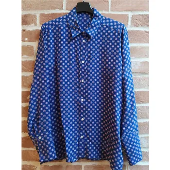 

Women Shirt 2020 Spring and Summer Long-sleeved Blue Printed Polo Collar Single-breasted Shirt Women