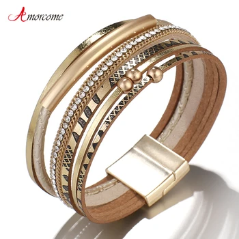 

Amorcome Metal Hollow Tube Leather Bracelets for Women Bracelets & Bangles Wide Wrap Boho Multilayer Bracelet Femme Jewelry