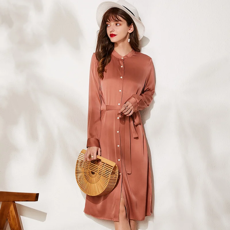 Женское атласное платье рубашка из натурального шелка с длинным рукавом со