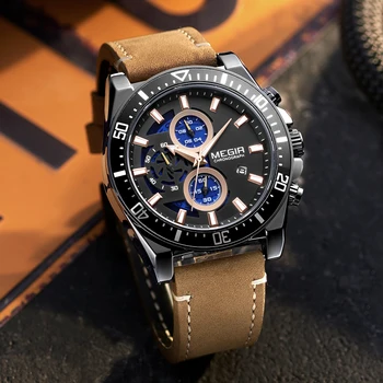 

MEGIR Big Dial Chronograph Watches for Men Leather Strap Sport Army Military Man Watch Quartz Wristwatch Clock Relogio Masculino