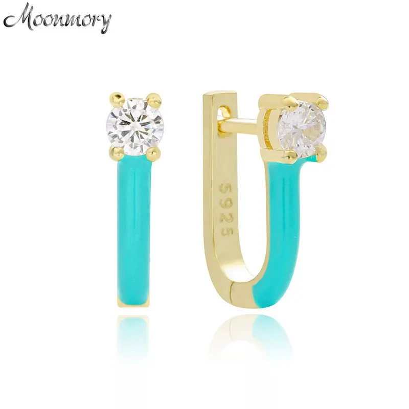 

Moonmory 925 Sterling Silver Turquoise Color Zircon Hoop Huggie Earring Geometric Ladder Hoop Round Earring For Women Jewelry