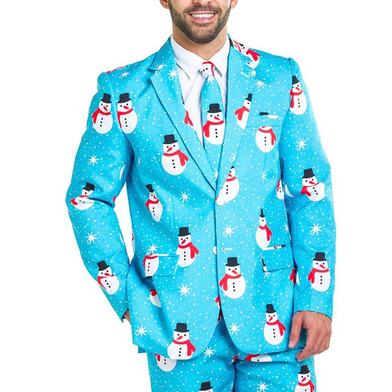 Модный мужской блейзер с рождественским принтом, вечерние куртки, приталенный Блейзер на пуговицах, мужские рождественские топы на год - Цвет: Синий
