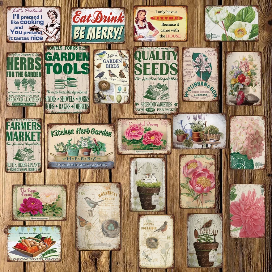 Garden Kitchen FLowers Birds Tool Tin Sign Farm Flower Shop House Home Retro Wall Hanging Pasted Metal Painting Art Decoration | Дом и сад