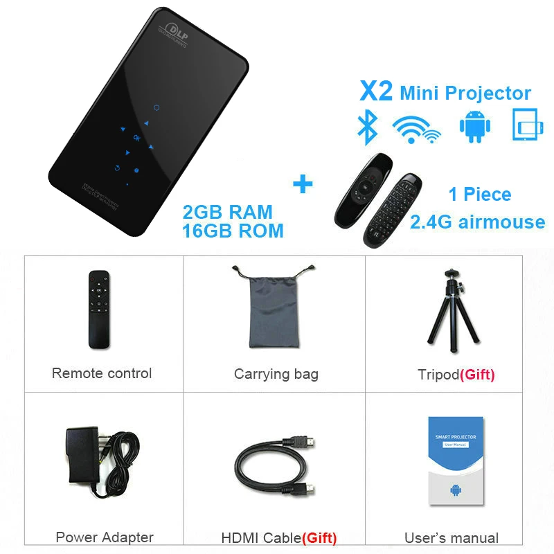 Vivicine X2 светодиодный мини-проектор, Android 7,1, батарея 4200 мАч, умный HDMI USB PC игровой портативный беспроводной мобильный проектор - Цвет: 2G 16G Airmouse