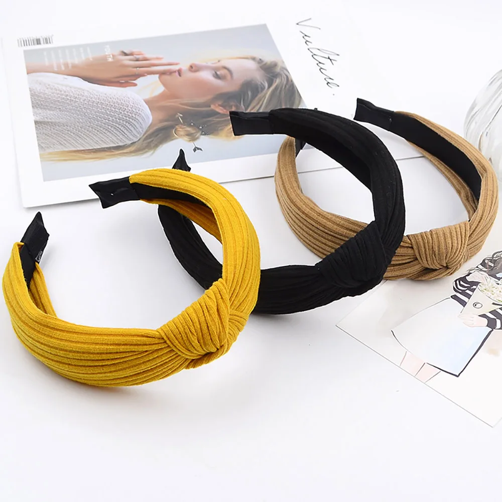 Geebro Knot Cross Tie Solid Fashion Hair Band Hairband Knitted rib Girls Bow Hoop Hair Accessories Velvet Twist Headband