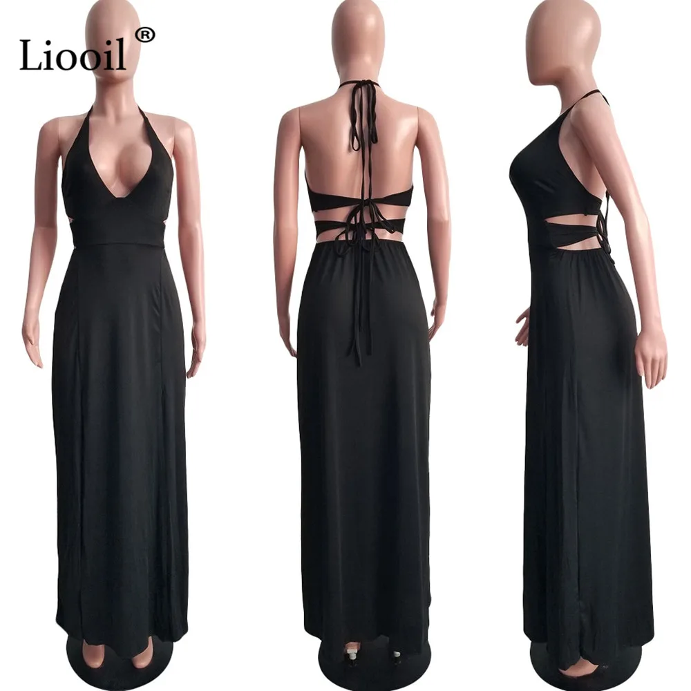 Liooil/Черное, белое, с открытой спиной, сексуальный разрез, длинное платье макси, Женская Клубная одежда,, v-образный вырез, большие качели, высокая талия, платья, женские вечерние платья