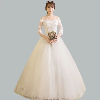 

Elegant Wedding Dress CR691 Boat Neck Lace Wedding Dresses Three Quarter Sleeve Vestidos De Novia Floor-Length Bridal Gowns