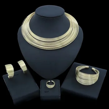 

Yulaili Classic Nigerian Wedding Bridal Jewelry Sets Gold Color Multi-layer Necklace Bracelet Earrings Ring Fine Jewellery