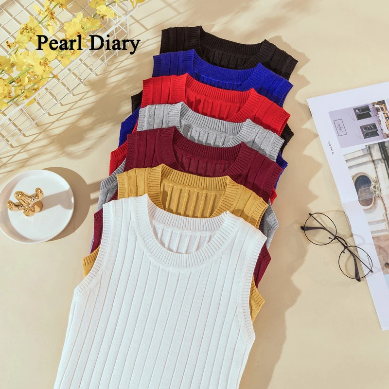

Pearl Diary Slim Basic Sleeveless Show Thin Top Women Korean Style Knitted Base Shirt Short Vest Woman Clothes