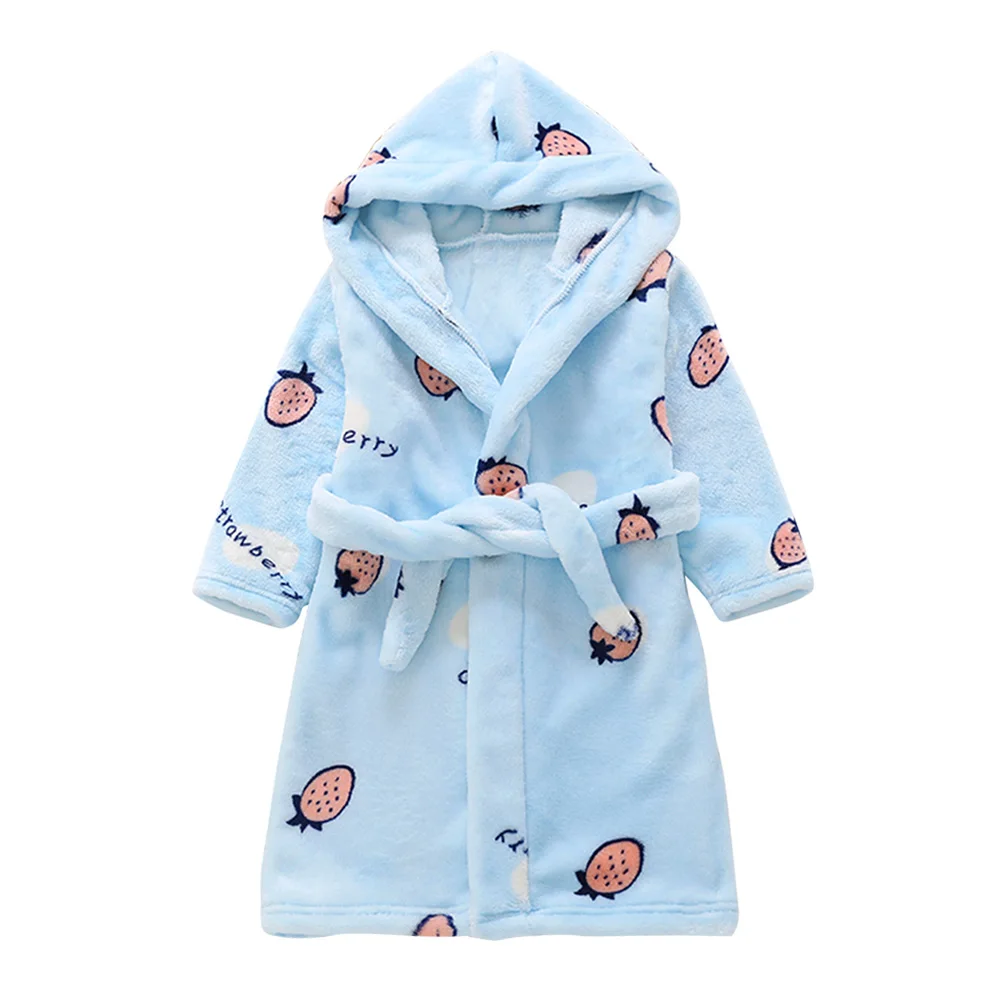 Осенне-зимняя флисовая плюшевая детская одежда фланелевый детский банный халат с длинными рукавами и капюшоном для мальчиков и девочек детские пижамы - Цвет: blue Strawberry