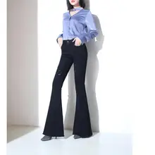 Расклешенные джинсы до щиколотки, корейский стиль, универсальные, простые, трендовые, на молнии, повседневные, шикарные джинсы для женщин, тонкие, эластичные, рваные, Ретро стиль, для женщин