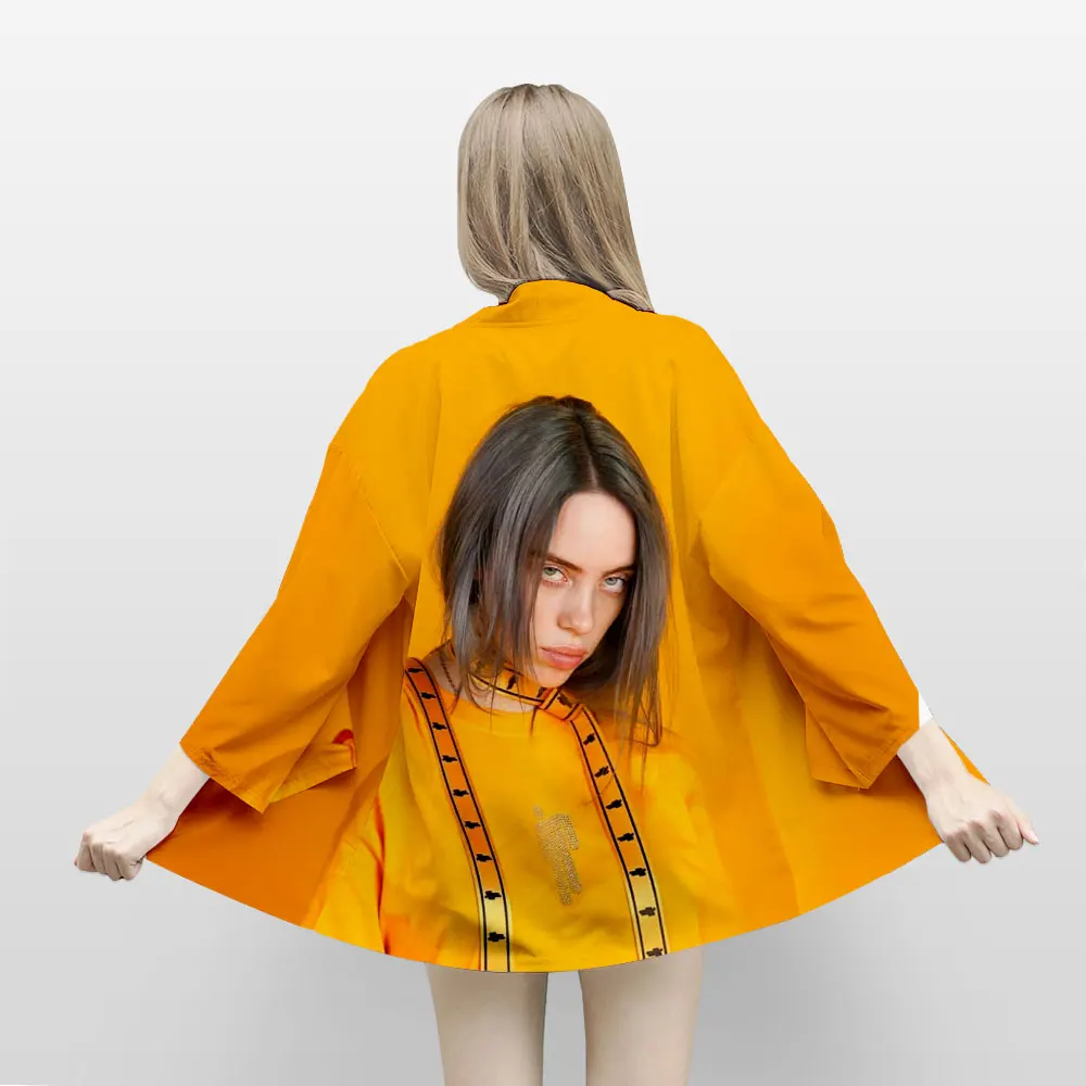 Популярное мужское и женское кимоно Billie Eilish3D, модное летнее оранжевое кимоно в японском стиле, футболка, кардиган, повседневный Топ
