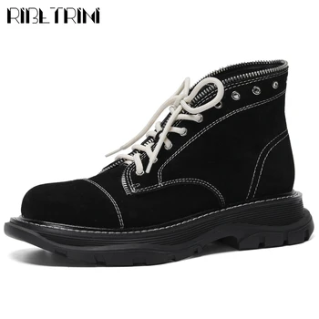 

RIBETRINI Top Quality Cow Suede Leather Leisure Chic Skidproof Sole Shoelaces Shearling Ankle Booties Casual Shoes Boots Women