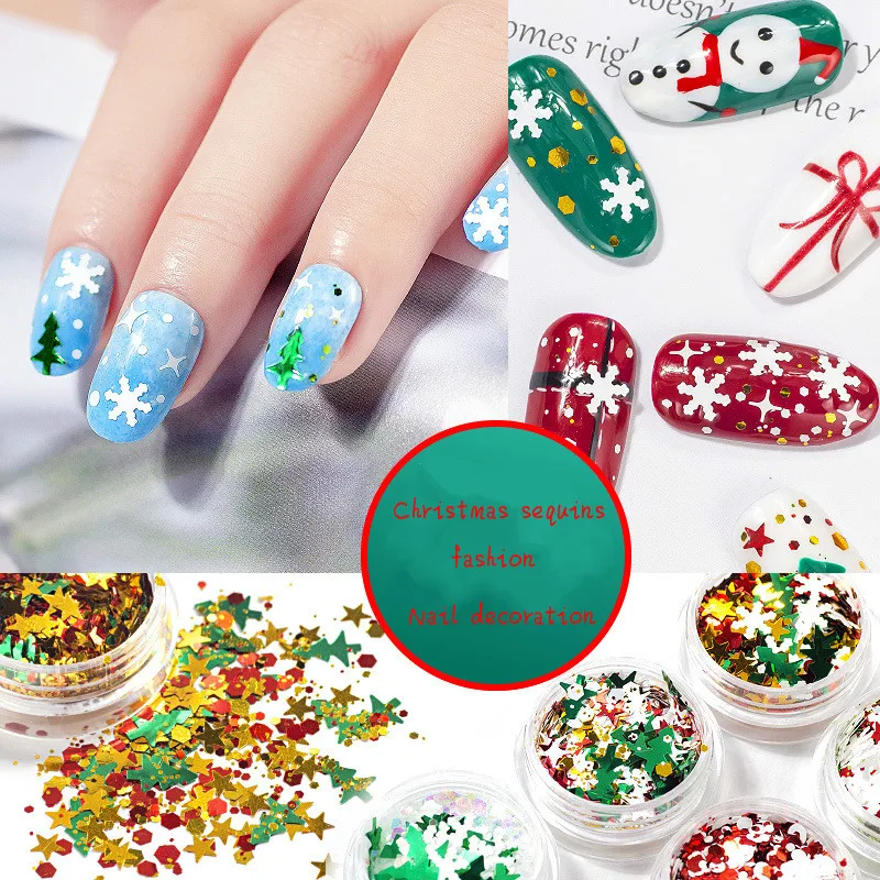 6Pcs/Set Christmas Manicure Art Decoration Snowflake Christmas Tree Snowman Pentagram Set Sequins DIY Nail Design Accessories