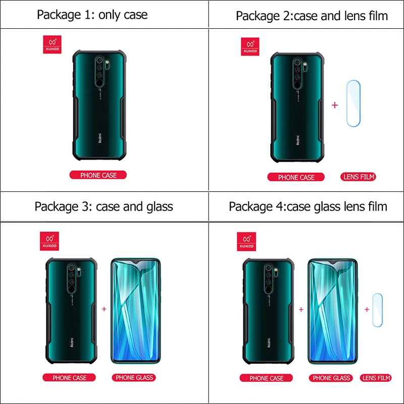 Для Xiaomi Redmi Note 8 Pro, кольцевой чехол, подушка безопасности, противоударный Прозрачный бампер, защита экрана, закаленное стекло, пленка для объектива Xundd