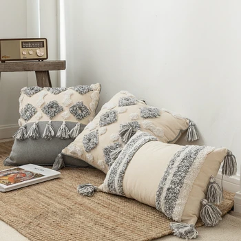 

45x45cm/30x50cm Moroccan Style Geometric Tufted Cotton Embroidery Pillowcase Lace Tassel Sofa Cushion Cover