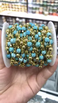 

3M/packs Copper semiprecious stone jewelry making chain, turquoise gold plated flat gems beads connector findings