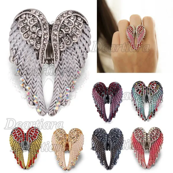 

Women Men Retro Punk Adjustable Rhinestone Angel Wings Charm Finger Rings
