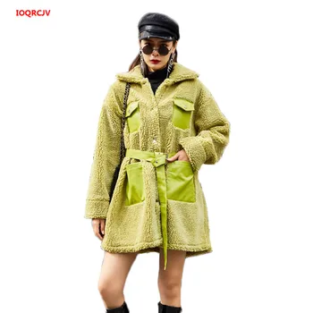 

New Fashion Sheepskin Coats Women 2019 Autumn Winter Womens Thicken Lambs Wool Long Slim Biker Faux Fur Jackets With Belt A0791