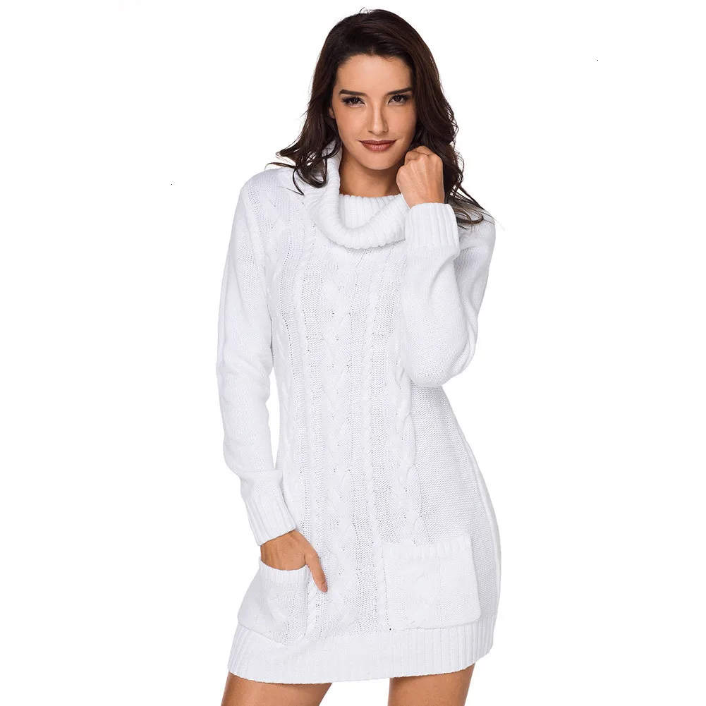 

Sexy Turtleneck Sweater Dress Long Sleeve Pocket Knitted Jumper Pullover Ladies Thick Warm Autumn Winter Dress Ropa Mujer 2020