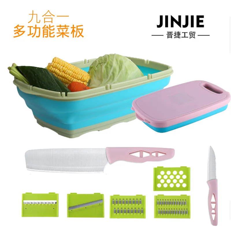 

Nine-in-One Multi-functional Cutting Board Foldable Filter Basket Chopper Sink Cutting Board Water Draining Cut Washing Basin wi
