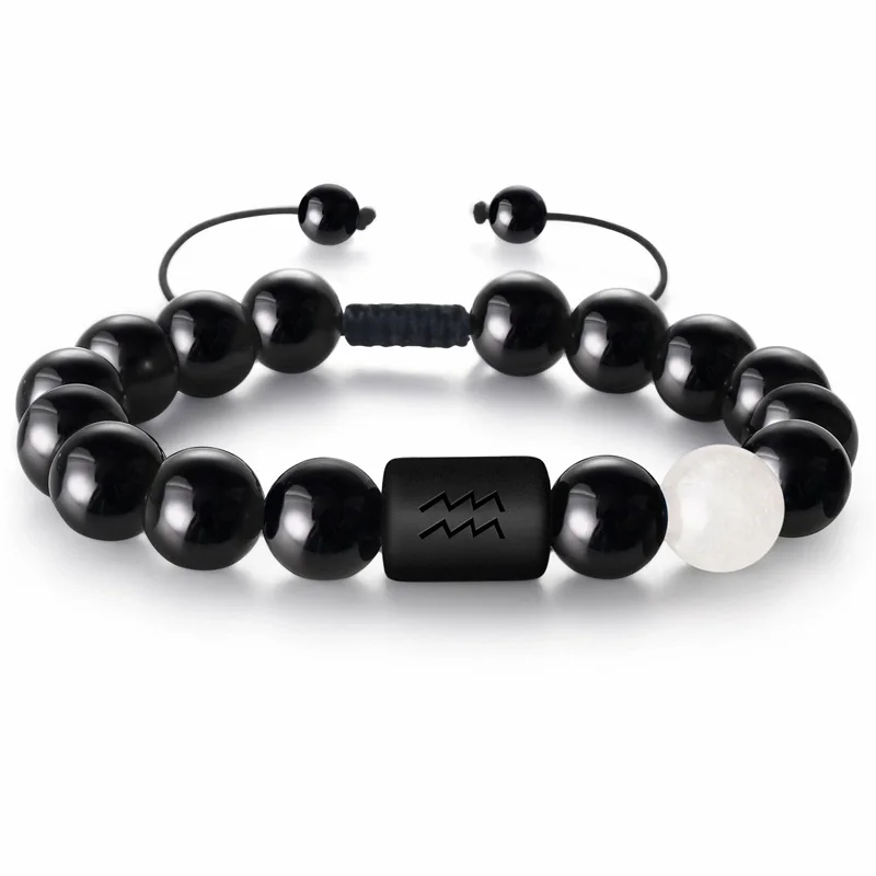 2 Bracciali Zodiacali In Onice Nero 8mm – Regalo Uomo Donna Con Simbolo Costellazione Pesci