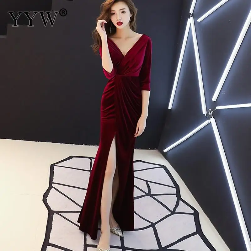 burgundy Robe De Soiree, сексуальные велюровые вечерние платья, новинка, v-образный вырез, открытая спина, элегантные, зима-осень, вельветовые вечерние платья, женские вечерние платья - Цвет: burgundy