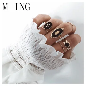 

MLING 6 Pcs/Set Vintage Gold Alloy Ring Set Simple Black Metal Geometric Ring for Women