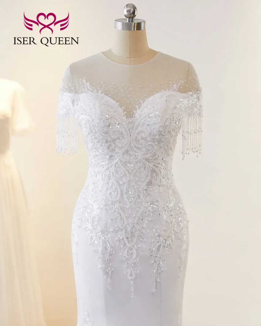 Beaded Lace Mermaid Wedding Dresses Sheer Neck Pearls Tassel Sleeves America And Europe Bridal Dress WX0220