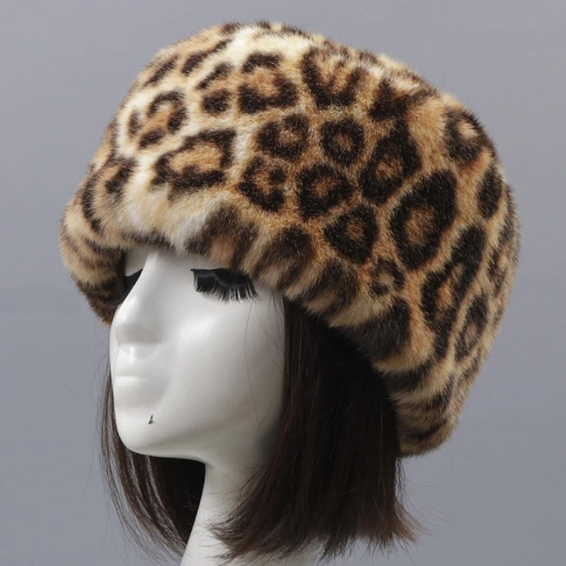 HT3451 Frauen Winter Hut Leopard Faux Pelz Hut Damen Dicke Warme Winter Skullies Beanies Weibliche Bomber Hut Flache Top Russische Hut – Detail 1