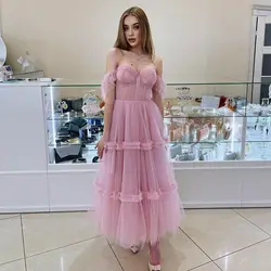 Elegant Blush Pink A-Line Short Evening Gowns Tulle Prom Dress Sweetheart Off The Shoulder Straps Zipper Back Party Dresses