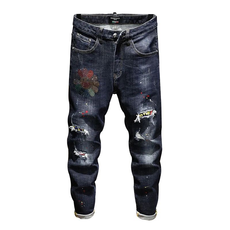 

New mens jeans skinny ripped jeans for men elastic paint slim pants trousers hip hop Winter Autumn dark blue