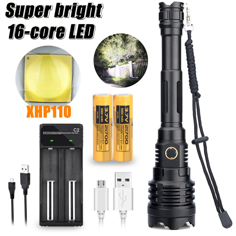 XHP110/160 Flashlight 16 Core LED USB Rechargeable Zoom Torch Lamp Light 21700 