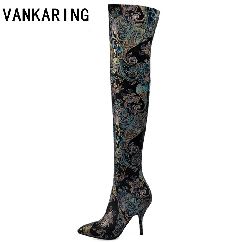 

European pop printed elastic cloth high heels autumn winter over the knee high boots woman pointed toe cowboy women dress shoes