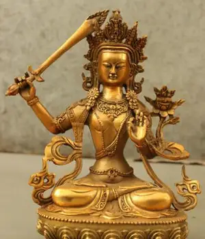 

8" Tibet Bronze Gilt Wenshu Manjushri Bodhisattva GunaYin Goddess Buddha Statue