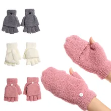 Зимние Детские коралловые бархатные одноцветные теплые перчатки на половину пальцев для учеников начальной школы, двойные перчатки на половину пальцев