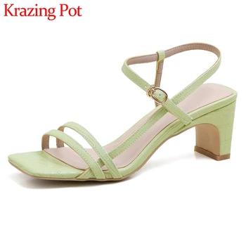 

Krazing pot limited customization plus size full grain leather peep toe high heels simple buckle strap fashion sandals women L00