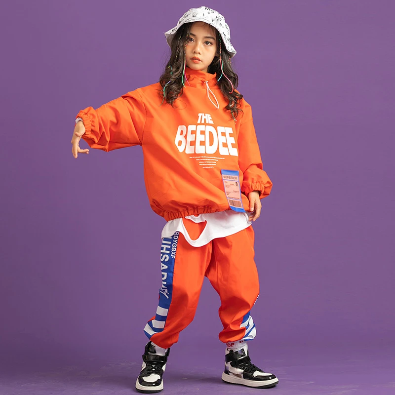 Children Hip Hop Dance Costumes Orange Jacket Hiphop Suit Girls