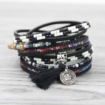 

Strathspey boho Leather Bracelets for Women 2020 tassel pendant coin bracelet multilayer crystal beaded bracelet wholesale