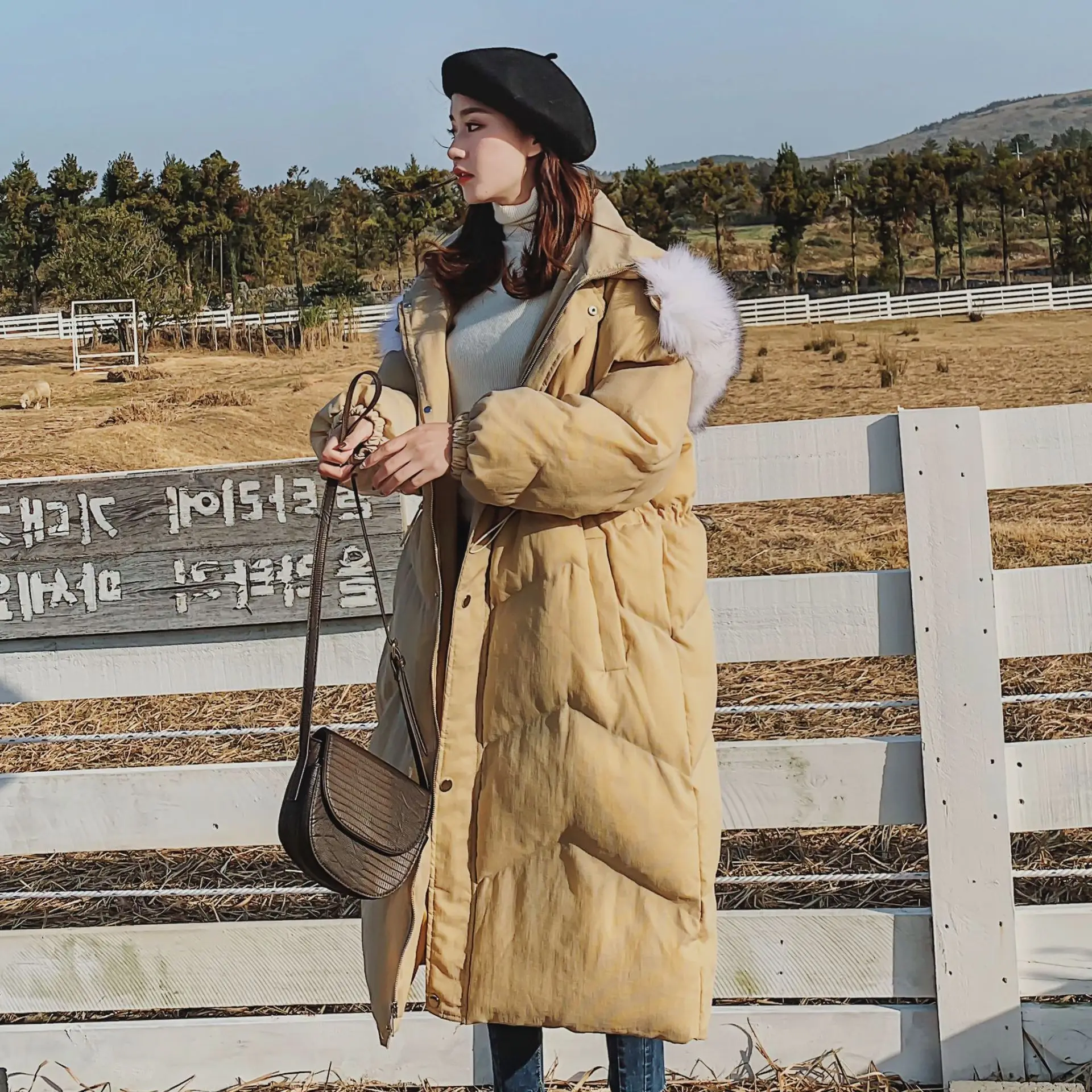 

Photo Shoot CHIC Yellow Long Hooded Large Fur Collar Drawstring Waist Hugging down Coat College Style Thick Cotton Overcoat Wome