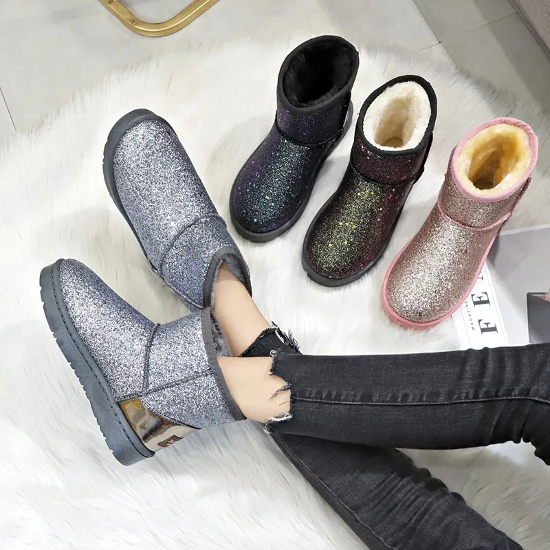 Зимние Ботинки Зимняя Тканевая обувь с блестками на плоской подошве женские
