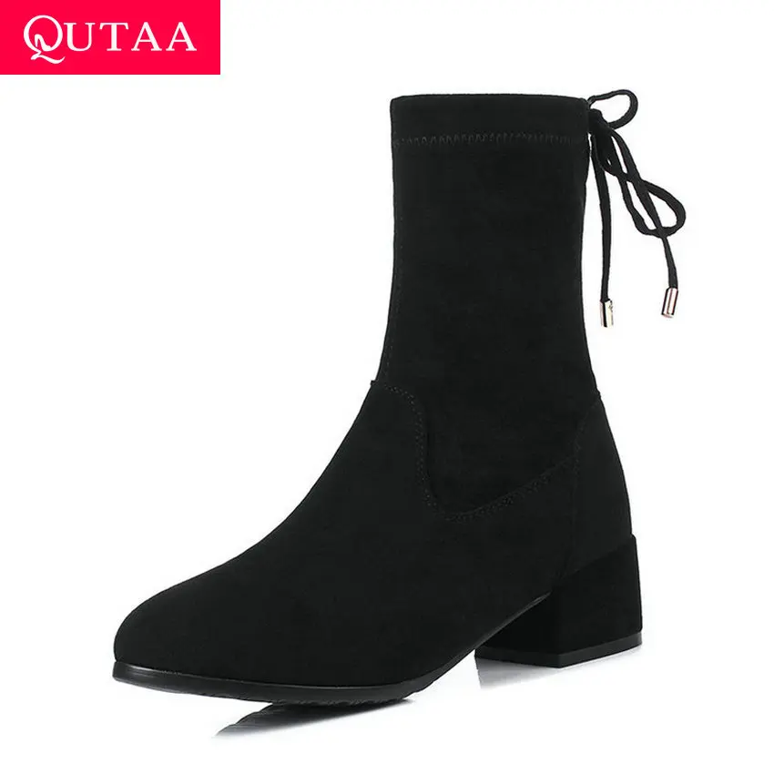 

QUTAA 2020 Stretch Flock Zipper Lace Up All Match Ankle Boots Round Toe Fashion Square Middle Heel Women Shoes Big Size 34-43